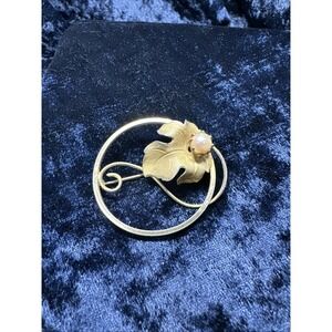 Vtg 1/20 12Kt Gold Filled 2" Round Leaf Brooch Pin Hallmark Crown With Pearl
